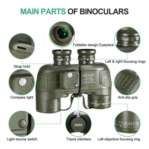 QUNSE Military HD Binoculars for Bird Watching, with Compass and Rangefinder, 10x50 Large Object Lens Large View BAK4, with Binocular Harness Strap, Waterproof
