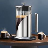 [아마존베스트]QUQIYSO Upgraded French Press Coffee Maker Stainless Steel 34 oz, Coffee Press with Stainless Steel Stand Precise Scale Easy to Clean Durable Heat Resistant Glass Black/Copper/Silver (Blac