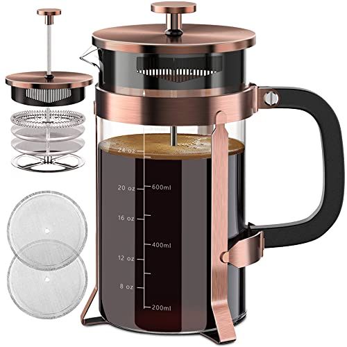  [아마존베스트]QUQIYSO Upgraded French Press Coffee Maker Stainless Steel 34 oz, Coffee Press with Stainless Steel Stand Precise Scale Easy to Clean Durable Heat Resistant Glass Black/Copper/Silver (Blac