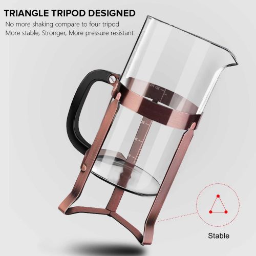  [아마존베스트]QUQIYSO Upgraded French Press Coffee Maker Stainless Steel 34 oz, Coffee Press with Stainless Steel Stand Precise Scale Easy to Clean Durable Heat Resistant Glass Black/Copper/Silver (Blac