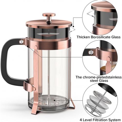  [아마존베스트]QUQIYSO Upgraded French Press Coffee Maker Stainless Steel 34 oz, Coffee Press with Stainless Steel Stand Precise Scale Easy to Clean Durable Heat Resistant Glass Black/Copper/Silver (Blac