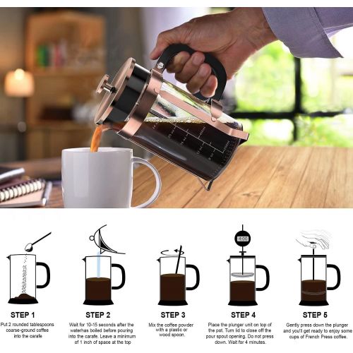  [아마존베스트]QUQIYSO Upgraded French Press Coffee Maker Stainless Steel 34 oz, Coffee Press with Stainless Steel Stand Precise Scale Easy to Clean Durable Heat Resistant Glass Black/Copper/Silver (Blac