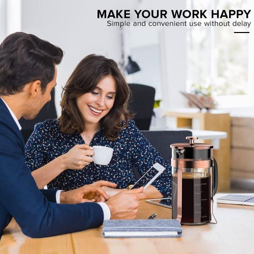  [아마존베스트]QUQIYSO Upgraded French Press Coffee Maker Stainless Steel 34 oz, Coffee Press with Stainless Steel Stand Precise Scale Easy to Clean Durable Heat Resistant Glass Black/Copper/Silver (Blac