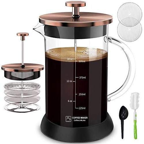  [아마존베스트]QUQIYSO Upgraded French Press Coffee Maker Glass 12oz, French Coffee Press with Glass handle and non-slip silicone base Precise Scale Easy to Clean Durable Heat Resistant Black/Copper/Silv