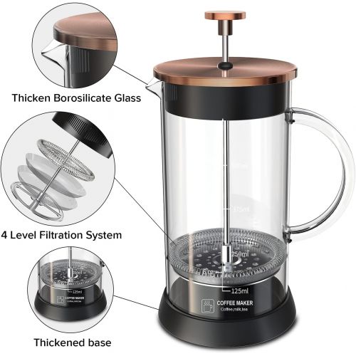  [아마존베스트]QUQIYSO Upgraded French Press Coffee Maker Glass 12oz, French Coffee Press with Glass handle and non-slip silicone base Precise Scale Easy to Clean Durable Heat Resistant Black/Copper/Silv