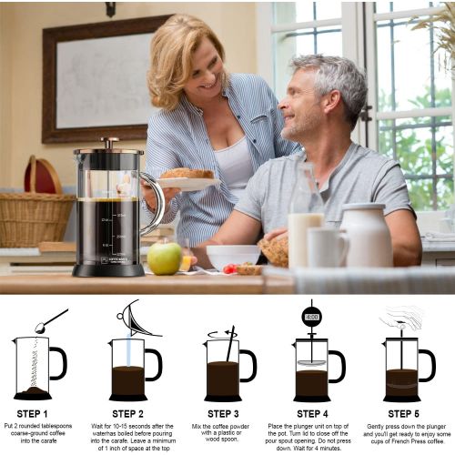  [아마존베스트]QUQIYSO Upgraded French Press Coffee Maker Glass 12oz, French Coffee Press with Glass handle and non-slip silicone base Precise Scale Easy to Clean Durable Heat Resistant Black/Copper/Silv