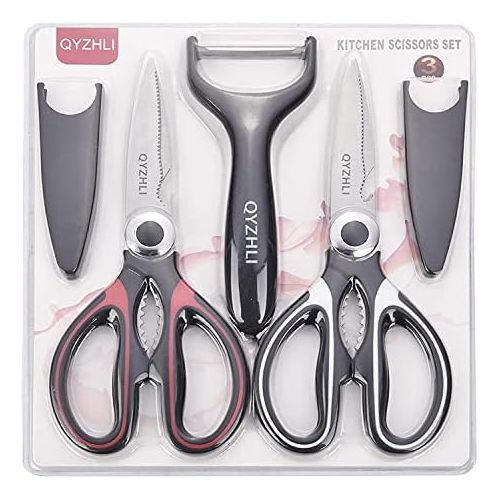  [아마존베스트]QYZHLI Heavy Duty Kitchen Scissors,Multipurpose Kitchen Shears,Stainless Steel Kitchen Scissors Set Ultra Sharp 3 Pack with Peeler