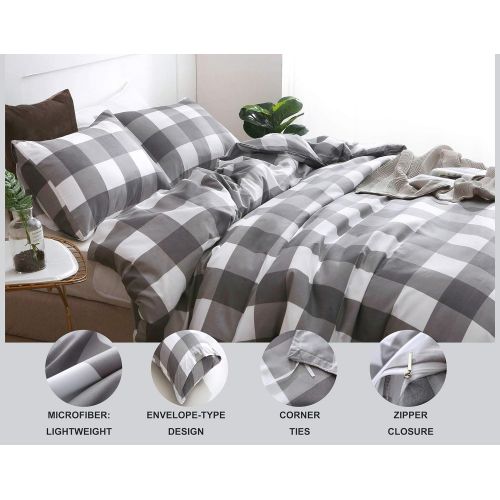  QYsong Grey and White Plaid Duvet Cover Set Queen (90x90 Inch), 3pc Include 1 Gird Geometric Checker Pattern Printed Duvet Cover Zipper Closure and 2 Pillowcase, Bedding Set for Me