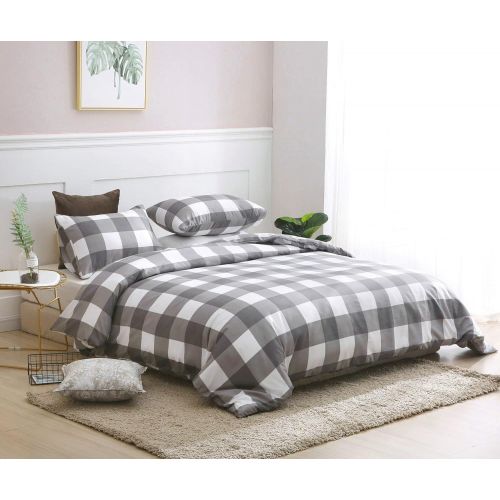  QYsong Grey and White Plaid Duvet Cover Set Queen (90x90 Inch), 3pc Include 1 Gird Geometric Checker Pattern Printed Duvet Cover Zipper Closure and 2 Pillowcase, Bedding Set for Me