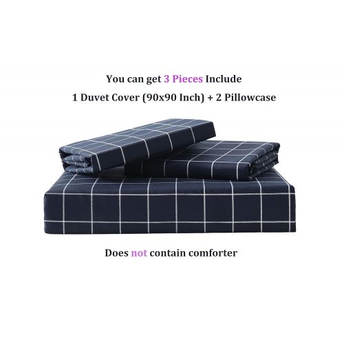  QYsong Grey and White Plaid Duvet Cover Set Queen (90x90 Inch), 3pc Include 1 Gird Geometric Checker Pattern Printed Duvet Cover Zipper Closure and 2 Pillowcase, Bedding Set for Me