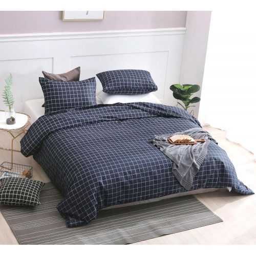  QYsong Grey and White Plaid Duvet Cover Set Queen (90x90 Inch), 3pc Include 1 Gird Geometric Checker Pattern Printed Duvet Cover Zipper Closure and 2 Pillowcase, Bedding Set for Me