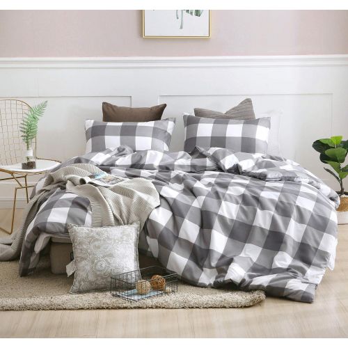  QYsong Grey and White Plaid Duvet Cover Set Queen (90x90 Inch), 3pc Include 1 Gird Geometric Checker Pattern Printed Duvet Cover Zipper Closure and 2 Pillowcase, Bedding Set for Me