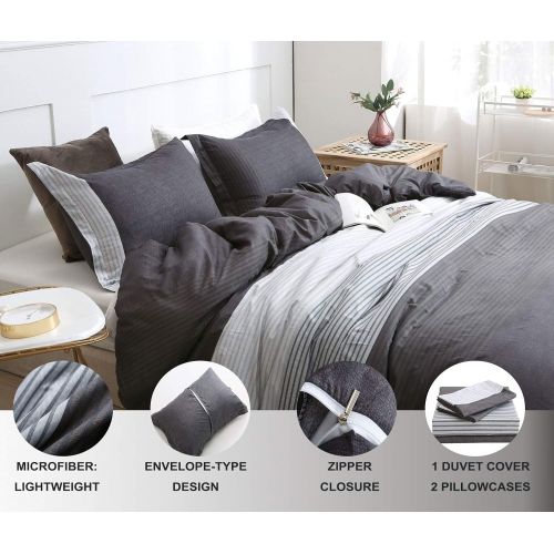  QYsong Striped King Duvet Cover Set (104x90 Inch), 3 Pieces Include 1 Blue Grey and Black Microfiber Duvet Cover Zipper Closure and 2 Multicolored Pillowcase, Bedding Set for Boys, Girls,