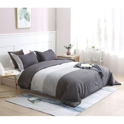  QYsong Striped King Duvet Cover Set (104x90 Inch), 3 Pieces Include 1 Blue Grey and Black Microfiber Duvet Cover Zipper Closure and 2 Multicolored Pillowcase, Bedding Set for Boys, Girls,