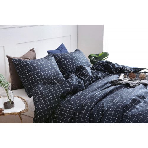  QYsong Navy and White Plaid Duvet Cover Set King (104x90 Inch), 3pc Include 1 Gird Geometric Checker Pattern Printed Duvet Cover Zipper Closure and 2 Pillowcase, Bedding Set for Me