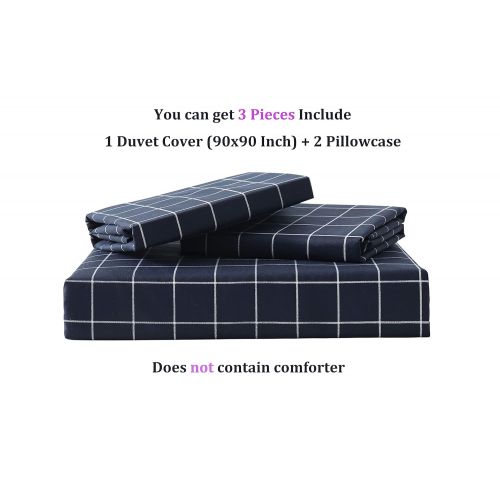  QYsong Navy and White Plaid Duvet Cover Set King (104x90 Inch), 3pc Include 1 Gird Geometric Checker Pattern Printed Duvet Cover Zipper Closure and 2 Pillowcase, Bedding Set for Me