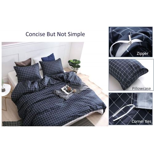  QYsong Navy and White Plaid Duvet Cover Set King (104x90 Inch), 3pc Include 1 Gird Geometric Checker Pattern Printed Duvet Cover Zipper Closure and 2 Pillowcase, Bedding Set for Me