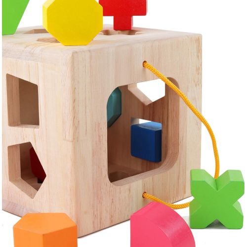  [아마존 핫딜]  [아마존핫딜]QZMTOY QZM Shape Sorter Toys with 12 Colorful Wood Geometric Shape Blocks and Sorter Sorting Cube Box Classic Wooden Developmental Toy for Preschool Toddlers Girl Boys Birthday Gift