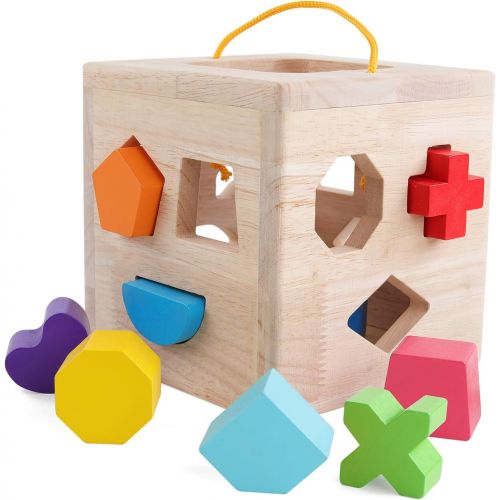  [아마존 핫딜]  [아마존핫딜]QZMTOY QZM Shape Sorter Toys with 12 Colorful Wood Geometric Shape Blocks and Sorter Sorting Cube Box Classic Wooden Developmental Toy for Preschool Toddlers Girl Boys Birthday Gift