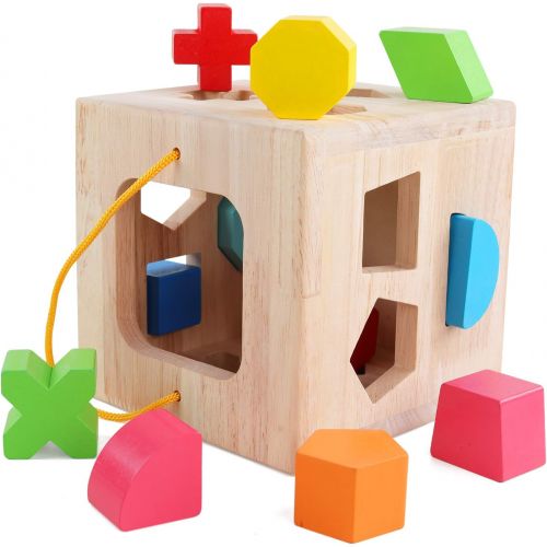  [아마존 핫딜]  [아마존핫딜]QZMTOY QZM Shape Sorter Toys with 12 Colorful Wood Geometric Shape Blocks and Sorter Sorting Cube Box Classic Wooden Developmental Toy for Preschool Toddlers Girl Boys Birthday Gift