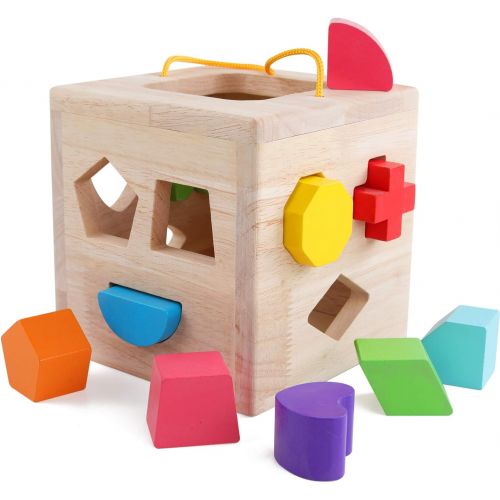  [아마존 핫딜]  [아마존핫딜]QZMTOY QZM Shape Sorter Toys with 12 Colorful Wood Geometric Shape Blocks and Sorter Sorting Cube Box Classic Wooden Developmental Toy for Preschool Toddlers Girl Boys Birthday Gift