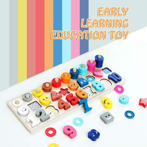  [아마존베스트]QZMTOY QZM Wooden Montessori Toys for Kids, Toddler Number Puzzles Sorter Counting Shape Stacker Stacking Game Preschool Toys for Boy Girl Learning Education Math Blocks Chunky Puzzles Gi