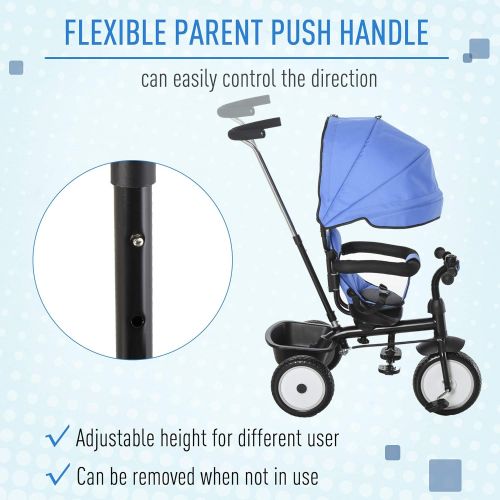  [아마존베스트]Qaba Baby Tricycle 2 in 1 Stroller with Adjustable Canopy Detachable Guardrail Safety Belt for Age 6-60 Months, Blue