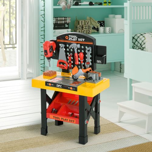  Qaba 53 Piece Kids Portable Pretend Play Toy Tool Workshop Bench Table Set with Shelf