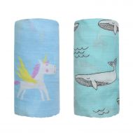 Qav Juh Bamboo Muslin Swaddle Square Blankets - 2 Pack 47x47 Horse & Whale Print Baby Receiving Blanket...