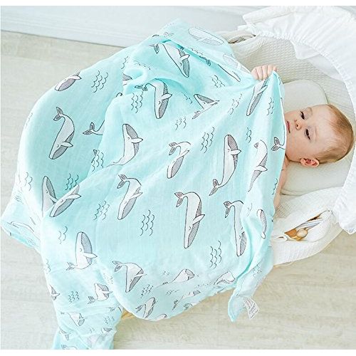  Qav Juh Bamboo Muslin Swaddle Square Blankets - 2 Pack 47x47 Horse & Whale Print Baby Receiving Blanket...