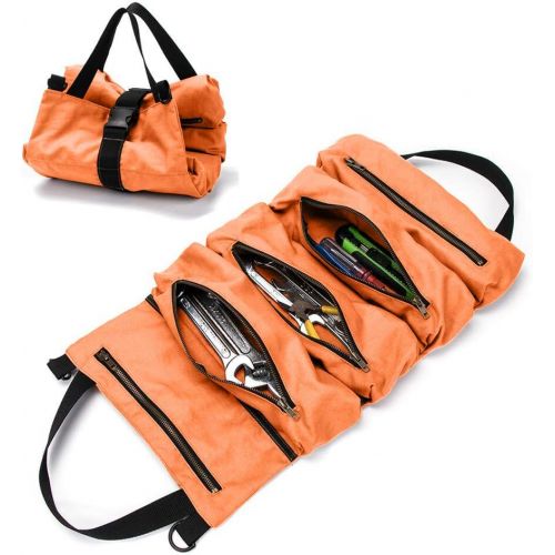 퀴 [아마존 핫딜]  [아마존핫딜]QEES Super Tool Roll(5 Pockets), Heavy Duty Travel Organizer Accessories with Strong Zipper, Wrench Roll, Canvas Tool Roll Organizer Bucket, Car Seat Back Organizer