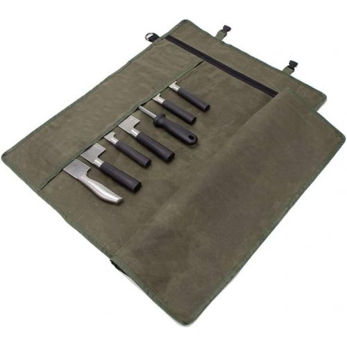 퀴 QEES Knife Roll,Chef Knife Bag,Waxed?Canvas Chef Knife Roll Bag,10 Slots Plus Zipper Pocket Knife Bags For Chefs,Heavy Duty Knife Case For Kitchen Knife Tools Up to 18.8.Army Green Case