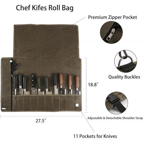 퀴 QEES Knife Roll,Chef Knife Bag,Waxed?Canvas Chef Knife Roll Bag,10 Slots Plus Zipper Pocket Knife Bags For Chefs,Heavy Duty Knife Case For Kitchen Knife Tools Up to 18.8.Army Green Case