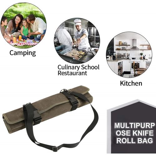 퀴 QEES Knife Roll,Chef Knife Bag,Waxed?Canvas Chef Knife Roll Bag,10 Slots Plus Zipper Pocket Knife Bags For Chefs,Heavy Duty Knife Case For Kitchen Knife Tools Up to 18.8.Army Green Case