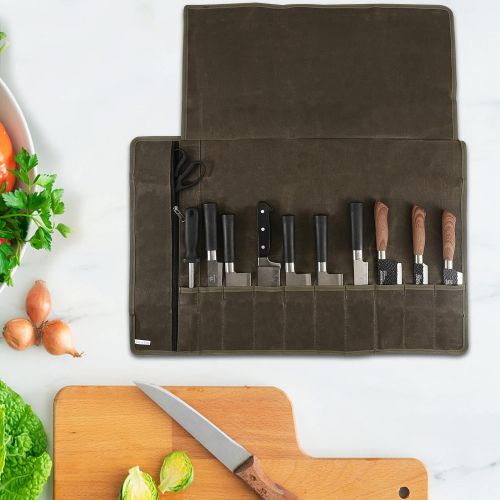 퀴 QEES Knife Roll,Chef Knife Bag,Waxed?Canvas Chef Knife Roll Bag,10 Slots Plus Zipper Pocket Knife Bags For Chefs,Heavy Duty Knife Case For Kitchen Knife Tools Up to 18.8.Army Green Case