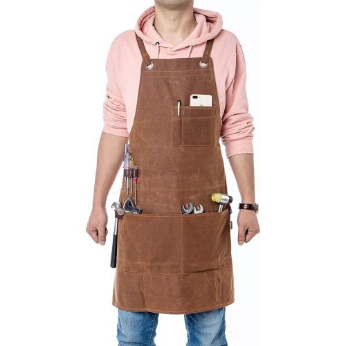 퀴 [아마존베스트]QEES Heavy Duty Woodworking Apron, Waxed Canvas Woodworking Tools Work Apron, Adjustable Carpenter Shop Apron with Multi-Pockets, Tool Apron, Adjustable M to XXXL for Men & Women