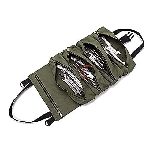 퀴 [아마존베스트]QEES Super Tool Roll Up Bag, Heavy Duty Tool Bag Wrench Organizer with 5 Zipper Pockets, Canvas Pliers Organizer for Mechanics, Tool Pouch Sling, Car Seat Back Organizer, Ideal Gift for