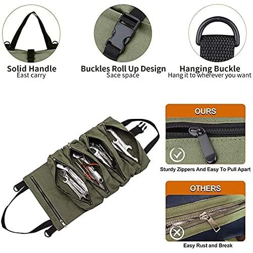 퀴 [아마존베스트]QEES Super Tool Roll Up Bag, Heavy Duty Tool Bag Wrench Organizer with 5 Zipper Pockets, Canvas Pliers Organizer for Mechanics, Tool Pouch Sling, Car Seat Back Organizer, Ideal Gift for