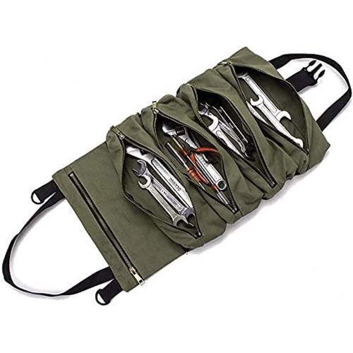 퀴 [아마존베스트]QEES Super Tool Roll Up Bag, Heavy Duty Tool Bag Wrench Organizer with 5 Zipper Pockets, Canvas Pliers Organizer for Mechanics, Tool Pouch Sling, Car Seat Back Organizer, Ideal Gift for