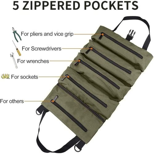 퀴 [아마존베스트]QEES Super Tool Roll Up Bag, Heavy Duty Tool Bag Wrench Organizer with 5 Zipper Pockets, Canvas Pliers Organizer for Mechanics, Tool Pouch Sling, Car Seat Back Organizer, Ideal Gift for