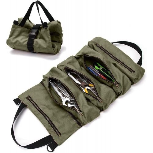 퀴 [아마존베스트]QEES Super Tool Roll Up Bag, Heavy Duty Tool Bag Wrench Organizer with 5 Zipper Pockets, Canvas Pliers Organizer for Mechanics, Tool Pouch Sling, Car Seat Back Organizer, Ideal Gift for