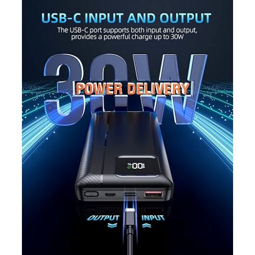  Power-Bank-Portable-Charger - 16000mAh Power Bank Support PD 30W and QC4.0 Fast Charger with Built-in 2 Output Cable and LED Display for iPhone and Android Phones and Most Electronic Devices
