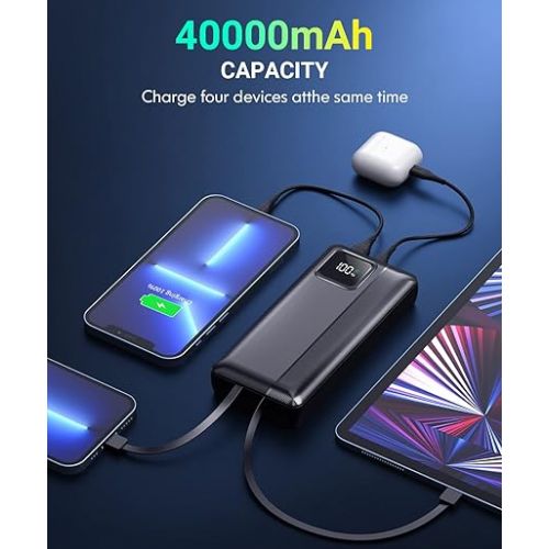  Power-Bank-Portable-Charger - 40000mAh Power Bank Support PD 30W and QC4.0 Fast Charger with Built-in 2 Output Cable and LED Display for iPhone and Android Phones and Most Electronic Devices