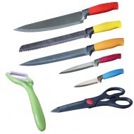 Qidea 7 PCS Colorful Stainless Steel Kitchen Knife Set Colored Sharp Lightweight Cooking Cutting Chief Bread Slicer Utility Paring Culinary Knives Scissors Peeler Cookware Kitchenw