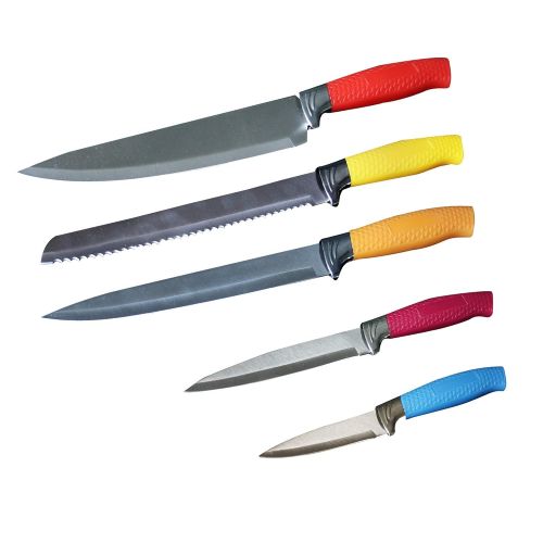  Qidea 7 PCS Colorful Stainless Steel Kitchen Knife Set Colored Sharp Lightweight Cooking Cutting Chief Bread Slicer Utility Paring Culinary Knives Scissors Peeler Cookware Kitchenw