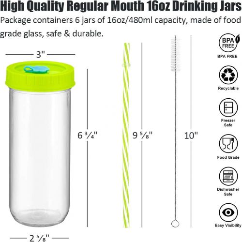  [아마존베스트]Qinline Glass Drinking Bottle Travel Drinking Jars 6 Pack, 16oz Mason Jars Regular Mouth Beverage Bottle with Airtight Lids &Straws, Reusable Water Bottle Skinny Tumbler for Juice/Smoothie