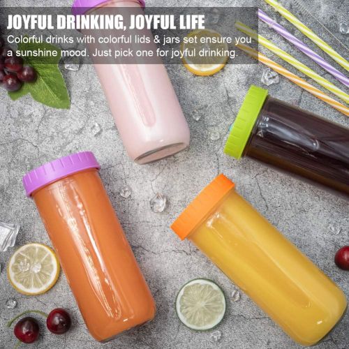  [아마존베스트]Qinline Glass Drinking Bottle Travel Drinking Jars 6 Pack, 16oz Mason Jars Regular Mouth Beverage Bottle with Airtight Lids &Straws, Reusable Water Bottle Skinny Tumbler for Juice/Smoothie