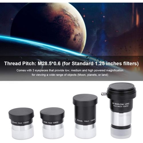  Qioniky Plossl Telescope Eyepiece Set, 1.25 Plossl Telescope Eyepiece Set 4/10/25mm + 2X Barlow Lens Kit for Standard 1.25 Inches Filter Threads for Viewing Moon Planets Land