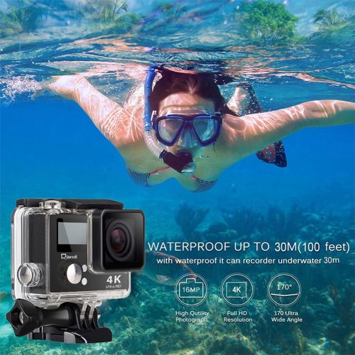  4K Wifi Sports Action Camera,Underwater Camcorder Qipexeii Double Screen Sony Sensor 16MP 100 Feet Waterproof 170° Wide Angle With 2.4G Remote Control,2 Pcs 1050mAh Rechargeable Ba