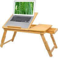 [아마존베스트]Bamboo Laptop Desk Tray,Breakfast Serving Bed Trays, Adjustable Foldable with Flip Top and Legs, Computer Stand with Drawer-by QL-ben
